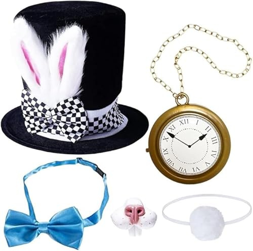 Herren Damen Verkleidung Samt Ostern Motorhaube für Karneval Ostern Halloween Cosplay Zauberer Zubehör für Osterfeiern Osterhase Sets Ohren Hut Schwanz Uhr Nase Kopfbedeckung Verkleiden Zubehör