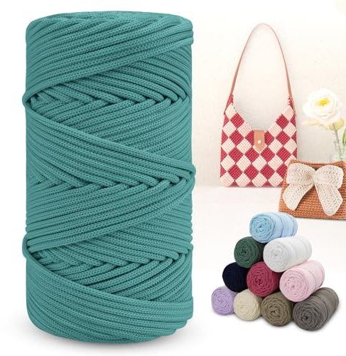 LEREATI Polyester Garn 150m Makramee Garn 4mm Geflochten Polyester-Seil Farbig Häkelgarn, Macrame Cord 4mm für Häkeltasche Umhängetasche Handtasche Geschenk Strickwaren (Blau-Grün)
