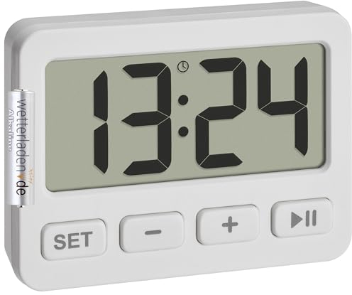 TFA Dostmann Digitale Miniuhr, 60.2036, mit Weckfunktion, Stoppuhr, Timer, ideal für unterwegs, Tastensperre, Tischuhr, Autouhr, für Examen geeignet, Quarzuhr, klein und kompakt, Weiss mit Batterie