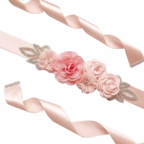 Yurosiay Blumen Brautgürtel Satin Taillengürtel Damen Glitzer Kristall Strass Hochzeitskleid Gürtel Rosen Hochzeit Gürtel Schmuckgürtel Blume Gürtel für Ballkleid Abendkleider 270cm HellPink