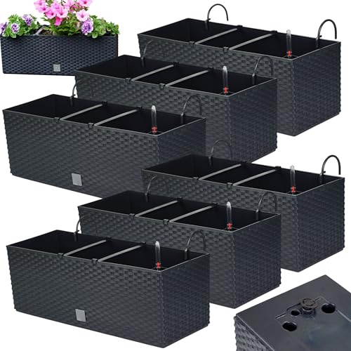 Juego de macetas para balcón 6 x 51 x 19 x 18,5 cm | Maceta de balcón con aspecto de ratán| Maceta con asa, soportes y sistema de riego | Macetas para terraza | Jardinera de diseño elegante |Antracita