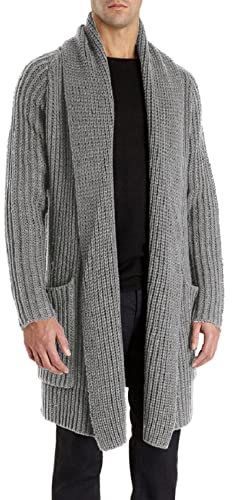 Runcati Mens Knitted Cardigan Long Shawl Collar Sweater Autumn Winter Chunky Knit Jacket Open Front Knitwear, Grey, XXL