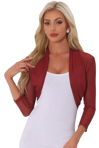 Allegra K Women's Semi Sheer Mesh Cardigan Elegant 3/4 Sleeves Stretchy Bolero Shrug Deep Red L