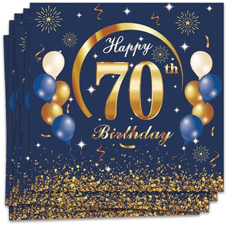MORAINJAY 70 Geburtstag Papierserviette,20 Stück Blau mit Gold Geburtstagsservietten für Mann Frau 70 Party,16.5cm Quadrat Servietten für 70. Geburtstag Party Deko