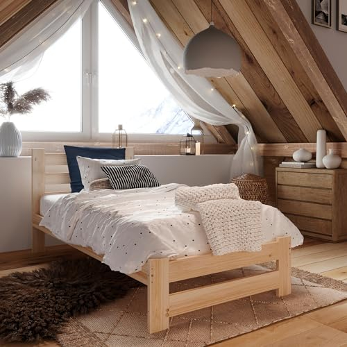Holzbett 90x200 cm mit Lattenrost Modern Bett Bed Kiefer Massiv Bettgestell Einzelbett Massivholzbett Klassisch | Komfortabel & Langlebig | Skandinavisch Boho Landhaus Kopfteil hoch natur
