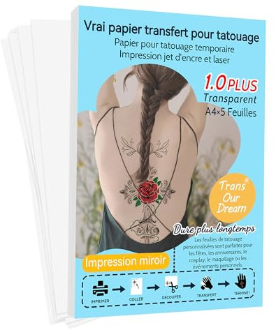TransOurDream A4 x 5 Papier Transfert pour Tatouage Temporaire Transparent 1.0, impression jet d'encre&laser, DIY tatouage personnalisé lavable et décalcomanie sur bougie et verre, FR11-1.0-5