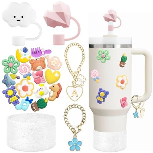 Stanley Cup Accessories Set: 2 Straw Cover Caps for 9-10 mm Straws, 15 3D Stickers, 2 Handle Charms, 1 Bling Silicone Boot Sleeve for 40oz & 30oz Tumbler