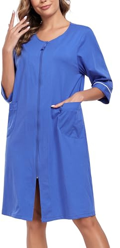 COLORFULLEAF Damen Bademantel mit Reißverschluss Leicht Morgenmantel 100% Baumwolle Hausmantel 3/4 Ärmel Nachthemd mit Taschen(Dark blue,2XL)