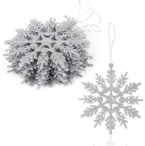 SULOLI 12 Pezzi Glitter Fiocchi di Neve,10 cm,Decorazioni da Appendere per Albero di Natale (Argente)