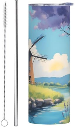 XZDCAL Beautiful River Windmill - Vaso recto de acero inoxidable de 20 onzas con tapa sellada y juego de pajilla