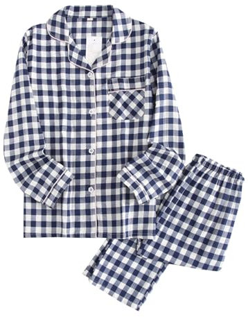 ensemble pyjama enfant garcon 3 a 12 ans carreaux chemise de nuit fille ado manche longue boutonnée devant avec poche et pantalons vêtements de nuit fille casual mode loungewear (Navy, 11-12 Years)