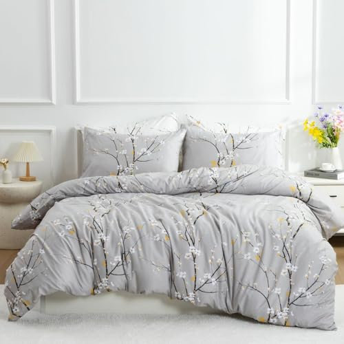 Tospass Floral Bettwäsche 155x220cm Grau Blumen Pflanzen Blätter Bettwaren-Sets Mädchen Blumenmuster Bettbezug Mikrofaser Deckenbezug mit Reißverschluss 1 Kissenbezug 80x80cm