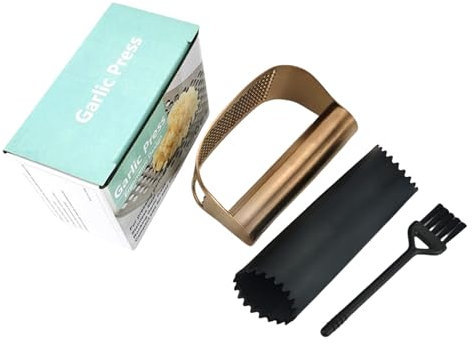 Pasdrucn Stainless Steel Garlic Crusher Presser with Garlic Peeler, Garlic Crusher Rocker, Stainless Steel Garlic Press Rocker, Portable Manual Garlic Mincer, Garlic Grater (Gold)