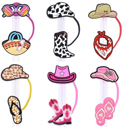 HOMMDECO 6PCS Reusable Silicone Straw Covers Cap Dust-Proof Cute Cowboy Hat Cartoon Patterns Straw Toppers Portable 10mm Diameter Drinking Accessories