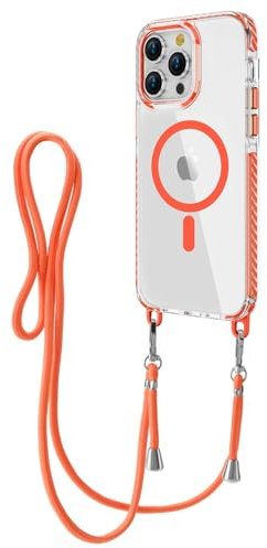 Emlivi Magnetic Mobile Phone Chain Case for iPhone 16 with Strap, Necklace Mobile Phone Case with Mag-Safe Transparent TPU Acrylic Case Cover with Cord Adjustable Lanyard Protective Case for iPhone