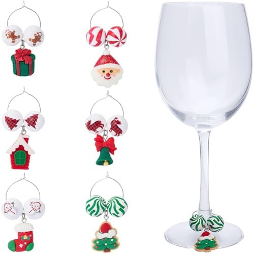 SUNNYCLUE 1 Box 6pcs Christmas Wine Glass Charms Wine Glass Tags Snowman Deer Gingerbread Man Santa Beer Tree Holiday Drink Charms for Christmas Stem Glasses Gift Party Favor Home Decorations