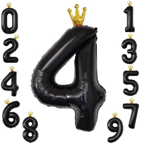 KOBOKO Luftballon 4, 40 Zoll Folienballon, XXL Ballon für 4. Geburtstag Mädchen Junge, Schwarz Zahlen Luftballon, Krone Helium Ballons für Jahrestag Party Deko
