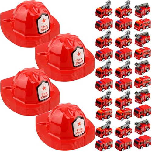 Flotory 60 Pcs Kids Fireman Party Favors 30 Mini Pullback Fire Engine Trucks 30 Plastic Firefighter Helmet Fire Chief Hat for Boys Girls Costume Accessory
