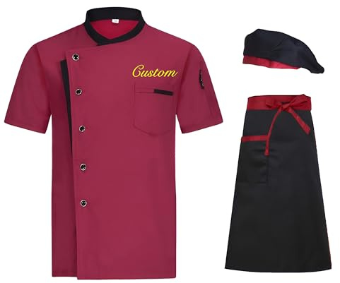 Dobraya Personalisiertes Kochuniform-Set mit Namens- & Logostickerei | Kurzarm-Kochjacke mit Schürze und Kochmütze für Restaurants, Hotels, Cafés, Bäckereien und Catering