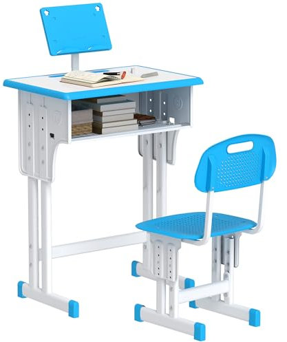 HOMCOM Bureau et Chaise pour Enfant avec Support de Lecture, casier, Crochet et Porte Stylo - Hauteur réglable - 60 x 45 x 90-102 cm - Bleu