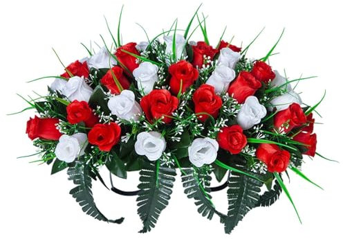 Frühlingsgesteck künstlich für Grab Friedhof Gedenkstätten, grabgestecke künstlich, grabgestecke für urnengrab, Frühlingsblumen Grabgesteck künstlich mit Rosa (Weiß+Rot)