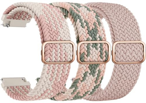 ZGCE 3 Stück Elastische Uhrenarmbänder 22mm 20mm Armband, mit Verstellbarer Schnalle, Nylon Geflochtene Sport Uhrenarmband für Herren Damen (Hellrosa/Rosa Sternenlicht/Rosa Stern Grün, 22mm)