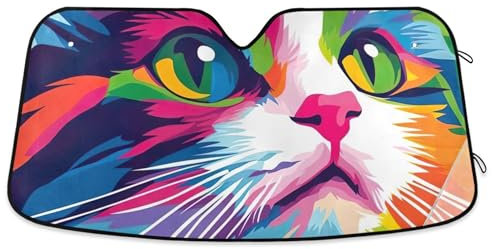 Parasol para parabrisas de coche con diseño de gato colorido, divertido, personalizado, plegable, para parabrisas delantero, estampado animal, L, 57 x 31.5 pulgadas