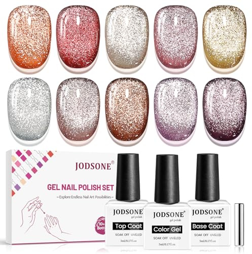 JODSOEN Cat Eye Gel Nail Polish Set 10 Colors Red Purple Silver with Magnetic Base Coat Top Coat Magnetic Effect Sparkle Stunning Soak Off U V Manicure Gifts