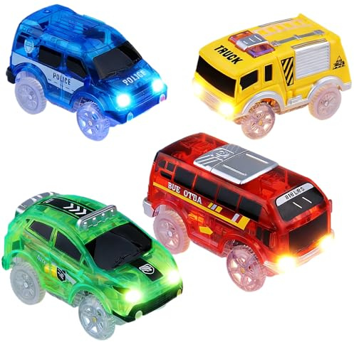 4 Pack Tracks Cars, Spielzeug Magic Cars Auto Tracks Cars mit 5 LED Blinkenden Lichtern, Track-Spielzeugautos leuchten im Dunkeln, kompatibel mit den meisten Tracks für Kinder, Jungen und Mädchen (C)