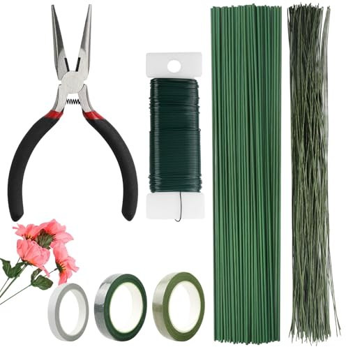 155 Stück Blumen Bastelset, Floristik Zubehör | mit Floristenband, Blumendraht, Wickelband und Drahtschneider, Floristendraht Set für DIY Blumenstrauß und Stielwickel