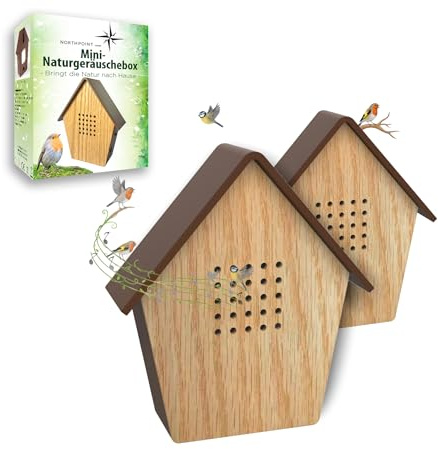 Northpoint Naturgeräuschebox Vogel Gesang Vogelzwitscher mit Echtholz Bewegungsmelder Vogelgeräusche Licht Aufladbar mit Wandhalterung (2er-Set)