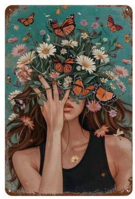 MGHTGRWE Teal Grainy Floral Butterfly Maiden 03 Poster Wall Art Iron Vintage Metal Tin Sign Modern Home Coffee Club Art Bar Shop Decor 30x20cm