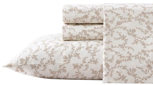 Laura Ashley - Flannel Sheets Queen Size, Anti-Pilling & Wrinkle Resistant Cotton, Touchably Soft for All-Season Comfort - Bed Sheets with Matching Pillowcases & Fitted Sheet (Victoria Beige)