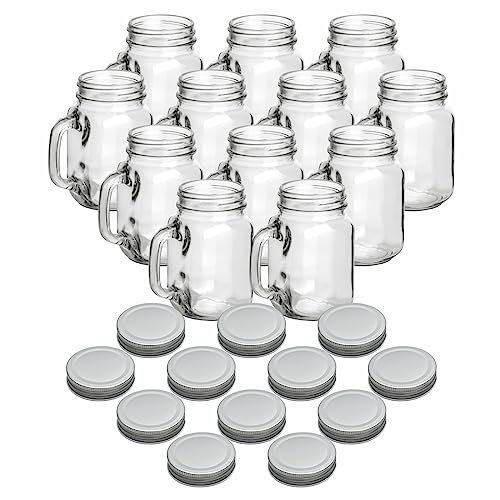gouveo 12er Set Trinkgläser 450 ml mit Deckel silberfarben - Trinkglas mit Henkel und Drehverschluss - Henkelgläser mit Deckel - Cocktail-Glas für Garten und Balkon (TGH450S)