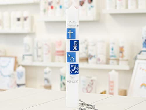 meinkerzenshop Kommunionkerze Thomas personalisiert mit Name und Datum, individuell und mit Echtwachs handverziert für Junge und Mädchen
