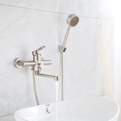 HomeLava Badewannenarmatur mit Handbrause Wannenarmatur Armatur Badewanne Wasserhahn Edelstahl gebürstet Wannenbatterie Duscharmatur Einhandmischer mit 18cm Auslauf für Badezimmer Wandmontage