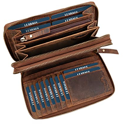 LEABAGS Leder Geldbörse Damen - Portemonnaie Gross mit RFID Schutz, Echtleder XXL Geldbeutel Damen Groß, 29 Kartenfächer Portmonee mit Münzfach, Doppelter Reißverschluss(Vintage Dunkelbraun)