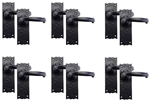 Golden Grace Antique Latch Door Handles 150x52mm, Black Cast Iron, 6 Pairs | Includes screws and spindle for easy installation, with a textured ornate design that adds depth to living room doors.