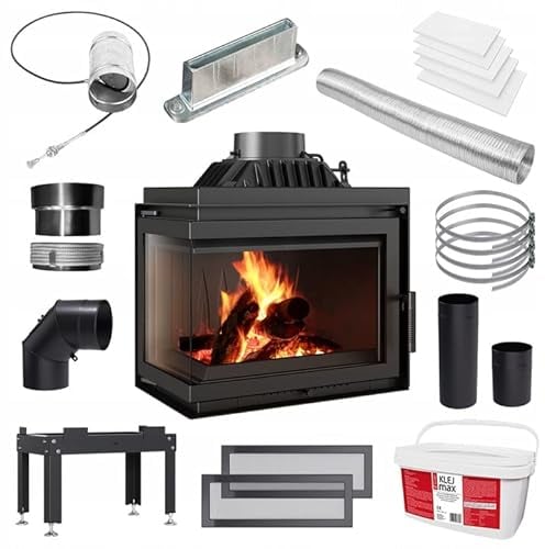KRATKI Inserto per camino a legna semplice Ingresso aria Conforme BImSchV 2 8kW Efficienza termica 75% Uscita scarico fi 200 mm Ghisa Vetro decorativo Sinistra