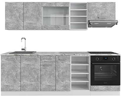 Vicco Küchenzeile R-Line, Küchenblock, Beton/Weiß, 240 cm, AP Marmor