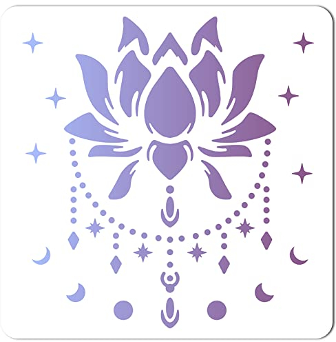 GORGECRAFT 11.8x11.8 Zoll Lotus Blumen Schablone Mondphase Sterne Muster-Vorlagen Große Wiederverwendbare Quadratische Schablonen Aus Kunststoff Zum Malen Holz Wand Sammelalbum Karte Zeichnen Basteln