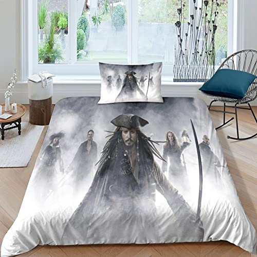 ELGISI Pirates of The Caribbean Bettwäsche Set Single(135x200cm) Movie Bettbezug 3D Bedruckte 2 Stück Betten Für Kinder Jungen Mädchen Thema Raumdekor Kuschelig MikrofaserBettbezug