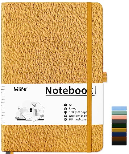 Mlife Notizbuch liniert A5,Journal Buch mit 200 Seiten,Premium 100gsm Tintenfestes Papie Dickes,PU Hard Cover Notebook,Innentasche,Elastisch Gebändert,bullet journal & Notizblock Hardcover(Gelb)