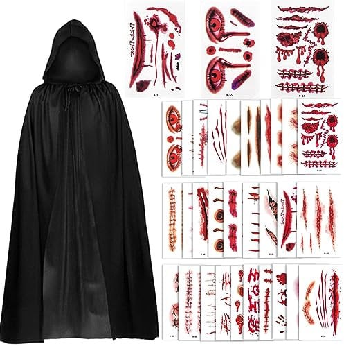 Halloween Umhang mit Kapuze Schwarz Vampir Kostüm mit 30 Halloween Narben Tattoos Darth Vader Kapuzenumhang Mittelalter Umhang Cape Mantel Satin Karneval Umhang Jedi Halloween Kostüm Erwachsene Unisex