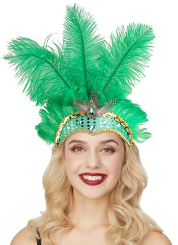Novelty Karneval-Kopfschmuck mit Federn, Feder Kopfschmuck Federschmuck Gold-schwarz, Brasilianischer Feder Kopfschmuck Karneval Federkopfschmuck Tänzerin Federkopfschmuck Karneval (Green, One Size)