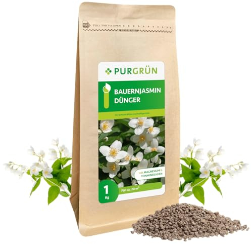 Purgrün® Bauernjasmin-Dünger 1 kg – Organisch-mineralische Rezeptur – Feinkörniges Krümelgranulat – NPK 5+4+6 – Profi-Dünger für duftende Blüten & kräftige Pflanzen – Mit extra Magnesium & Kalium