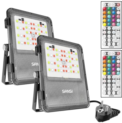 SANSI RGB LED Strahler Außen 10W, LED Fluter mit Fernbedienung IP65 Wasserdicht, RGB Flutlicht Dimmbar Farbwechsel mit Timer, 20 Farben 6 Modi für Garten Landschaft Party Fest, 2 Stück