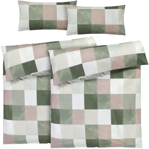 Pure Label Karierte Bettwäsche 4teilig 135x200 cm mit einem 2er Set Kissenbezüge 40x80 cm - Traumhaft weiches Bettwäsche-Sets 135 x 200 cm in grün aus 100% Baumwolle mit YKK Reißverschluss