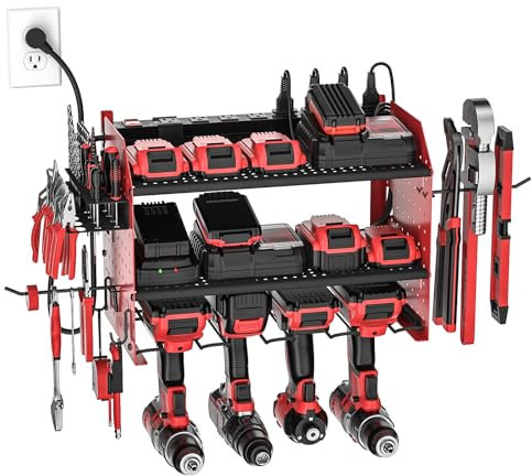 CRST Power Tool Organizer Wall Mount with 8-Outlet Power Strip, Cordless Drill Holder with Charging Station, Modular Garage Organization Storage Rack Shelf, Pegboard, Gift for Man Red