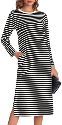 Fisoew Damen Gestreifte Maxikleider Herbstkleid Langarm T Shirt Kleider Rundhalsausschnitt Lässiges Freizeitkleid mit Taschen.Schwarz.M